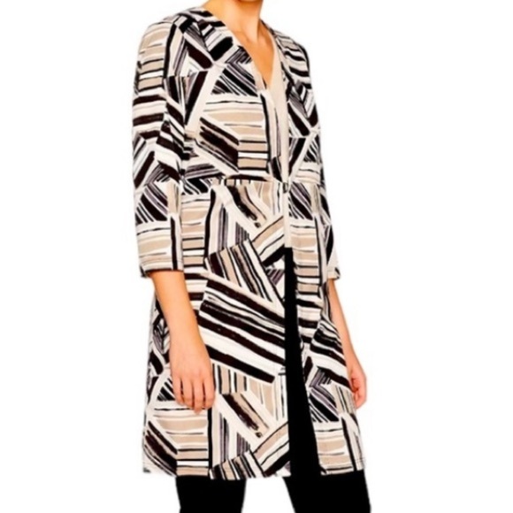 Kasper Jackets & Blazers - Kasper long blazer jacket taupe black abstract front closure Ladies 6